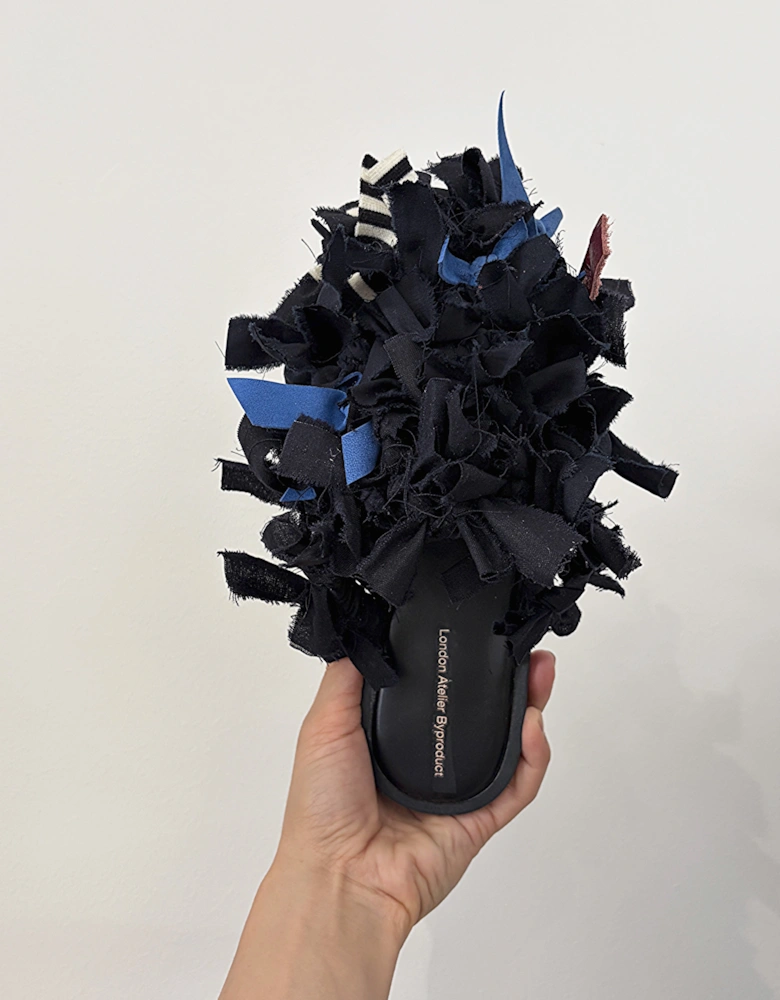Pom Pom Black Fabric and Leather Mules Slip On Shoes