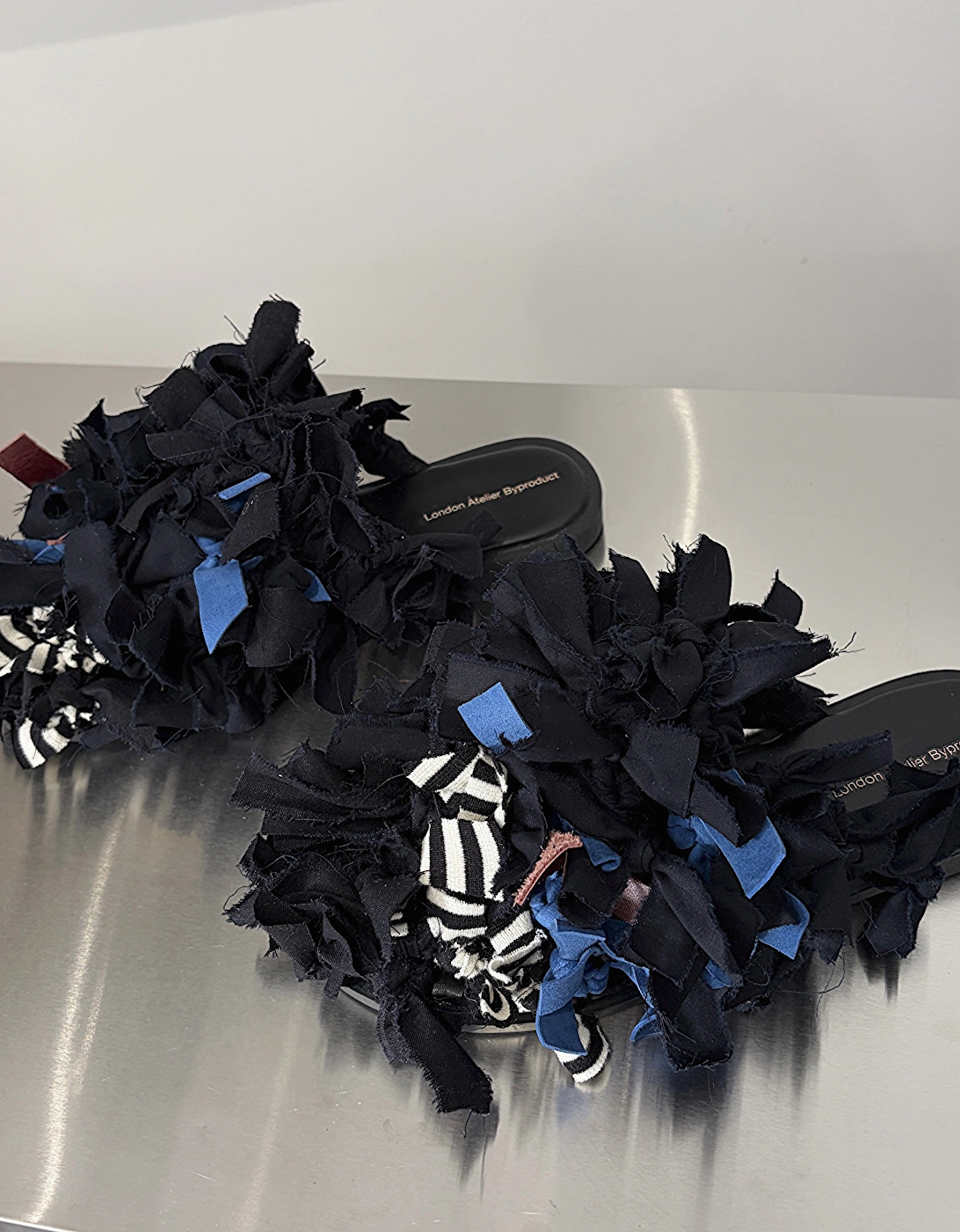 Pom Pom Black Fabric and Leather Mules Slip On Shoes