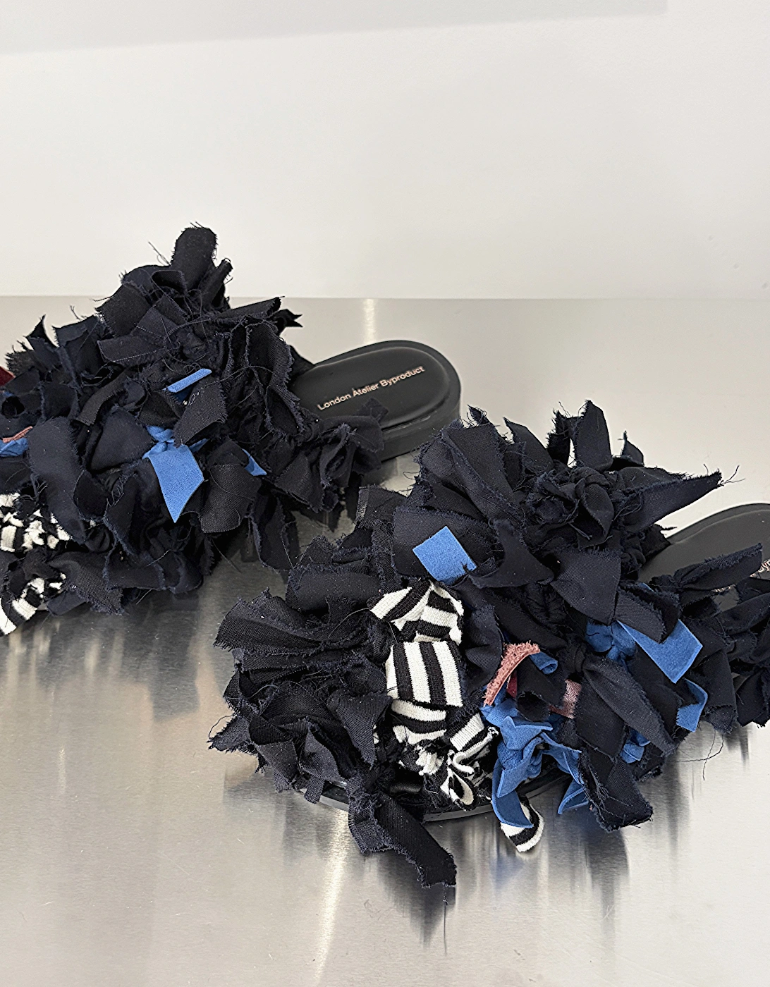Pom Pom Black Fabric and Leather Mules Slip On Shoes