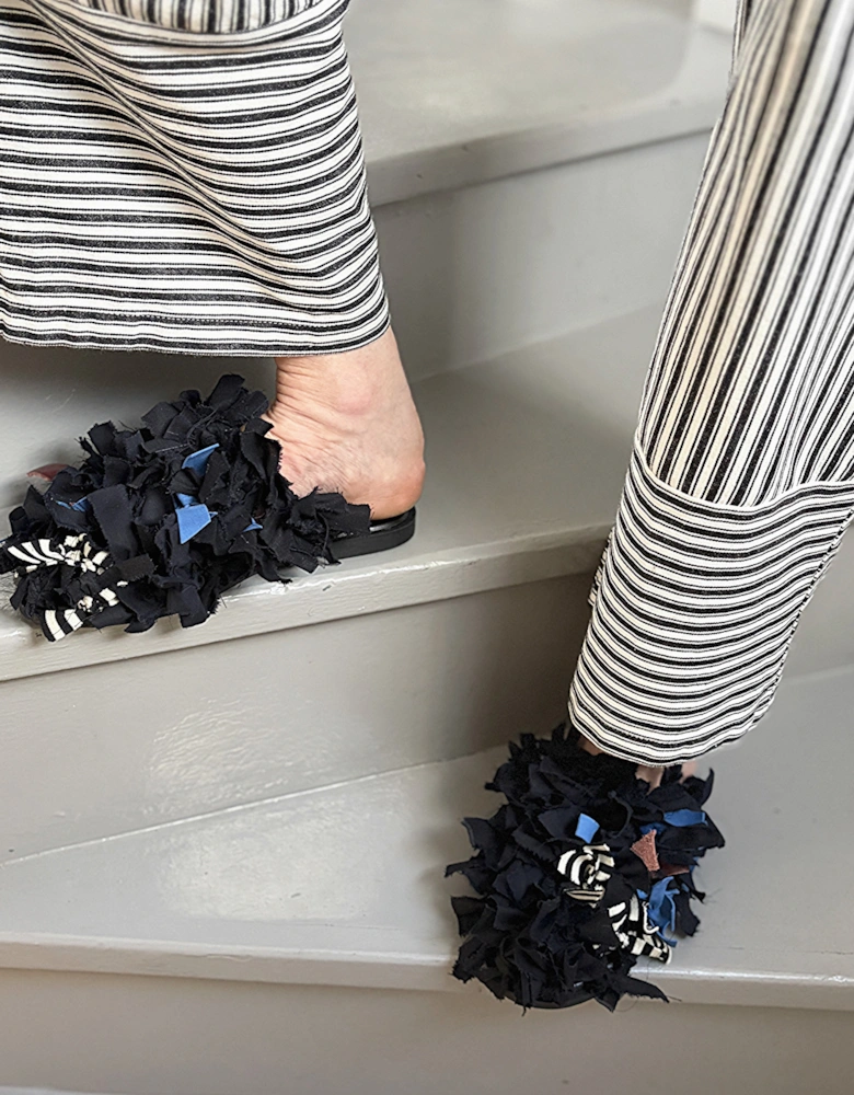 Pom Pom Black Fabric and Leather Mules Slip On Shoes
