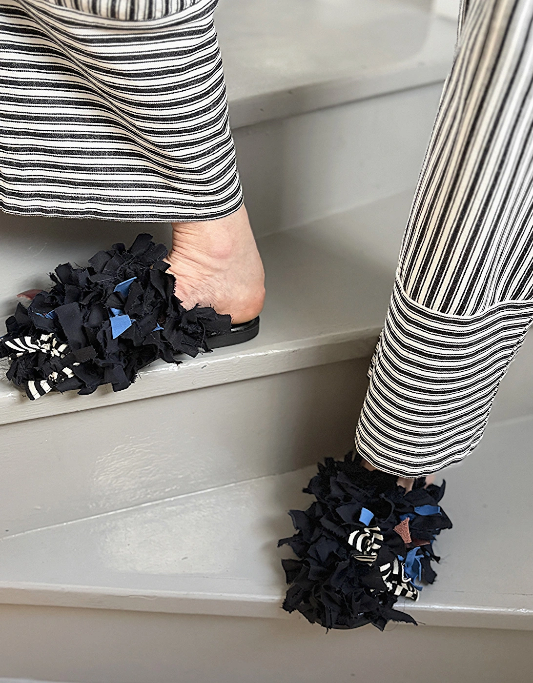 Pom Pom Black Fabric and Leather Mules Slip On Shoes