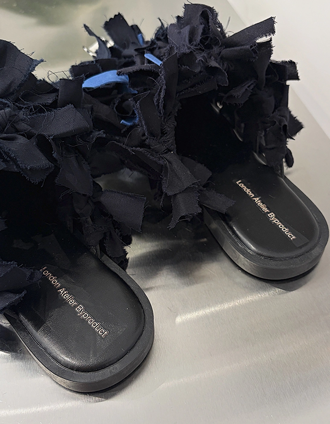 Pom Pom Black Fabric and Leather Mules Slip On Shoes