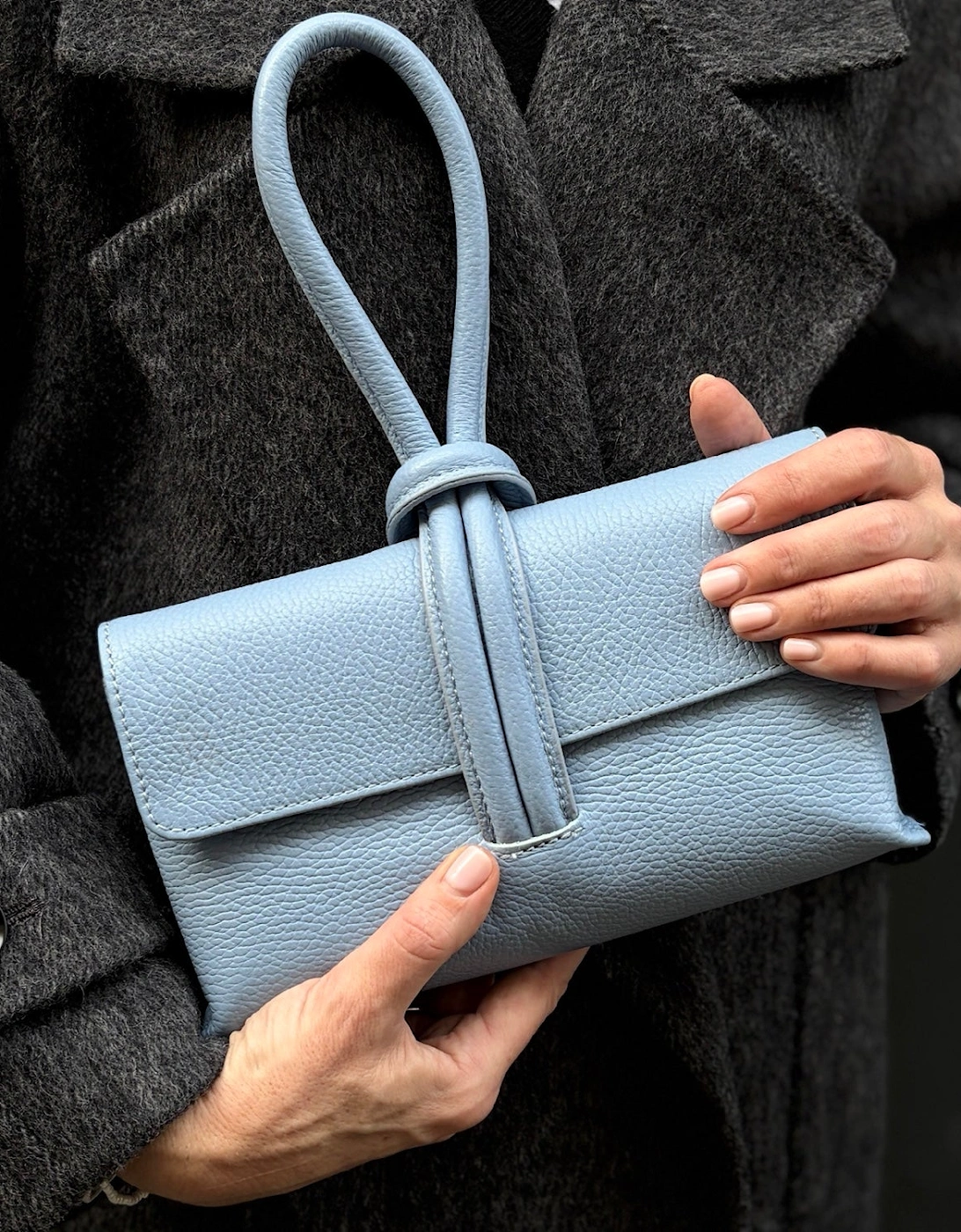 Powder Blue Leather Loop Clutch Bag