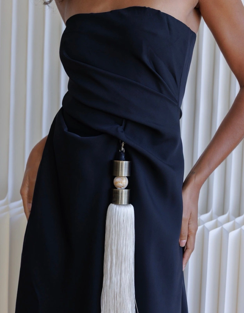 Black Strapless Dress With White Tassel