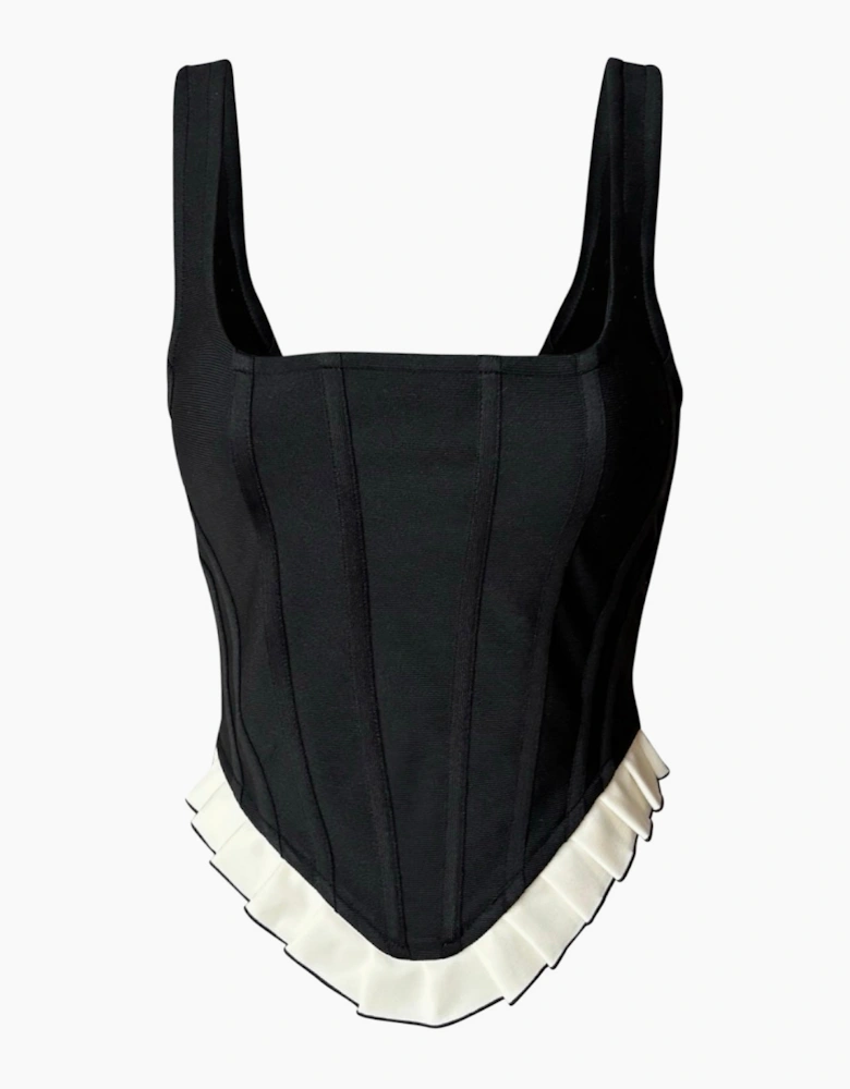 Black Rib Knit Corset Top With Ruffle