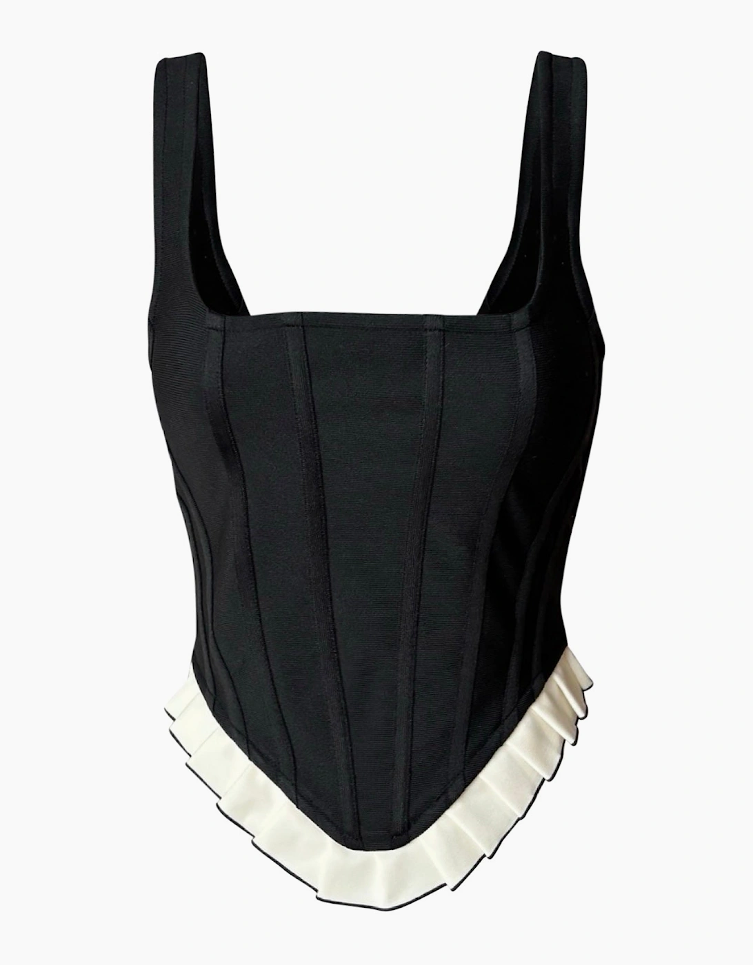 Black Rib Knit Corset Top With Ruffle