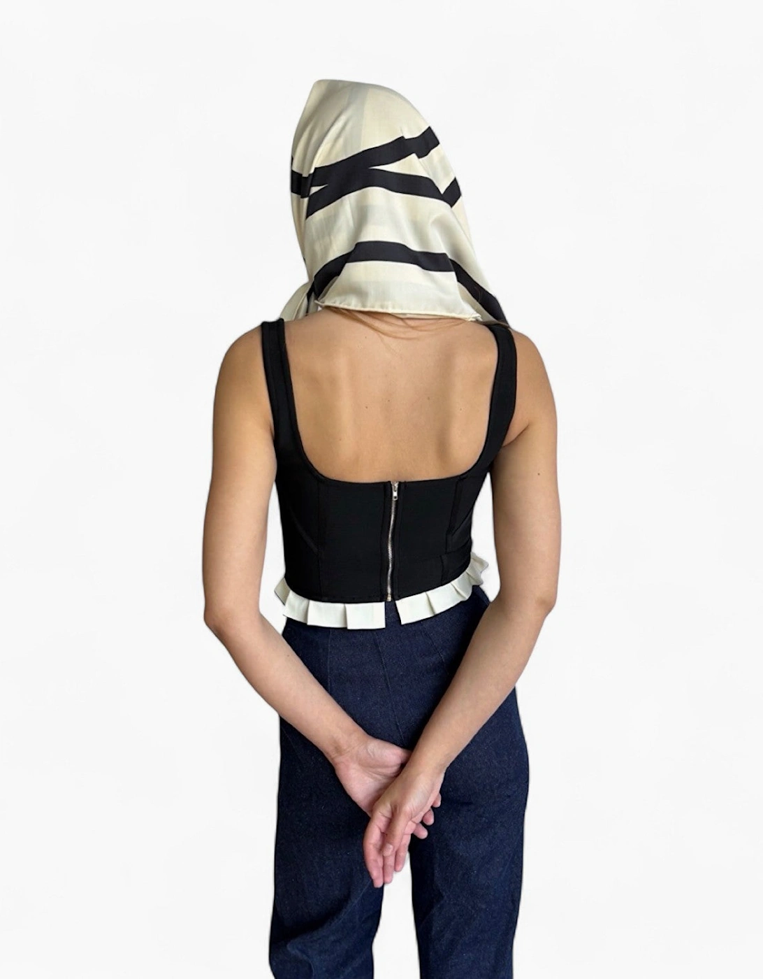 Black Rib Knit Corset Top With Ruffle