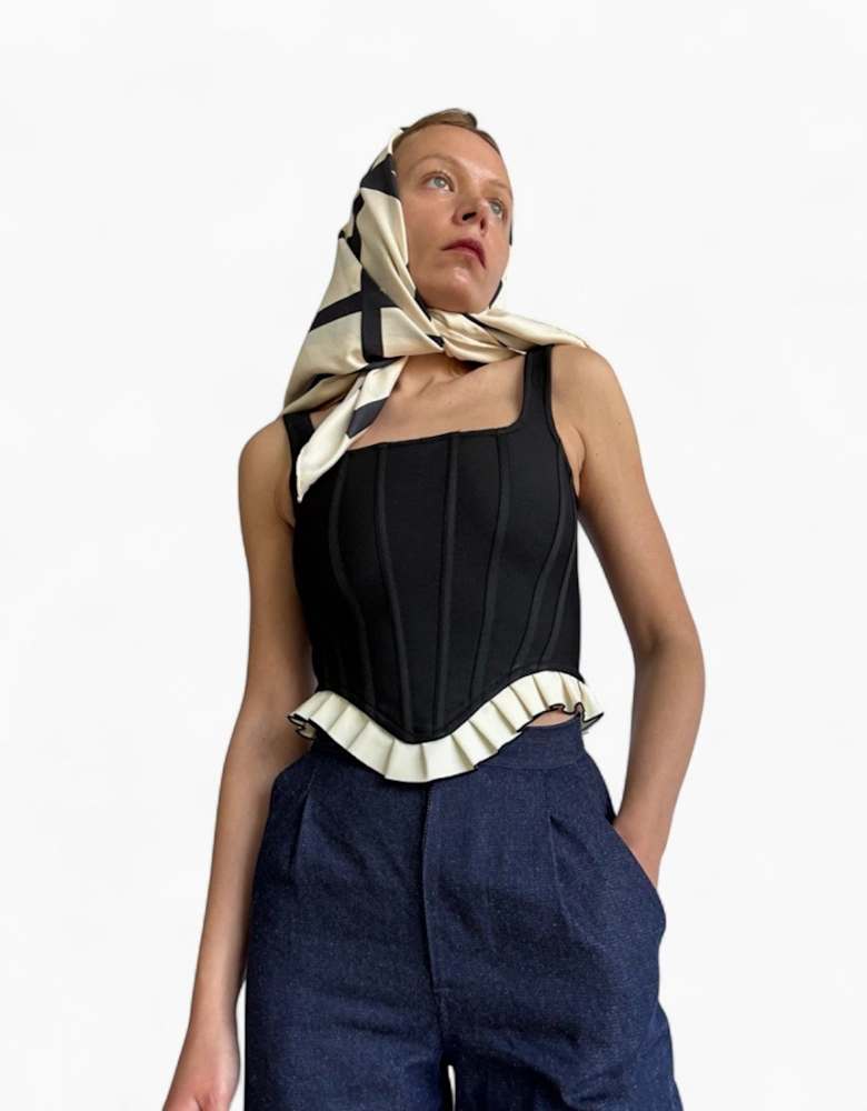 Black Rib Knit Corset Top With Ruffle
