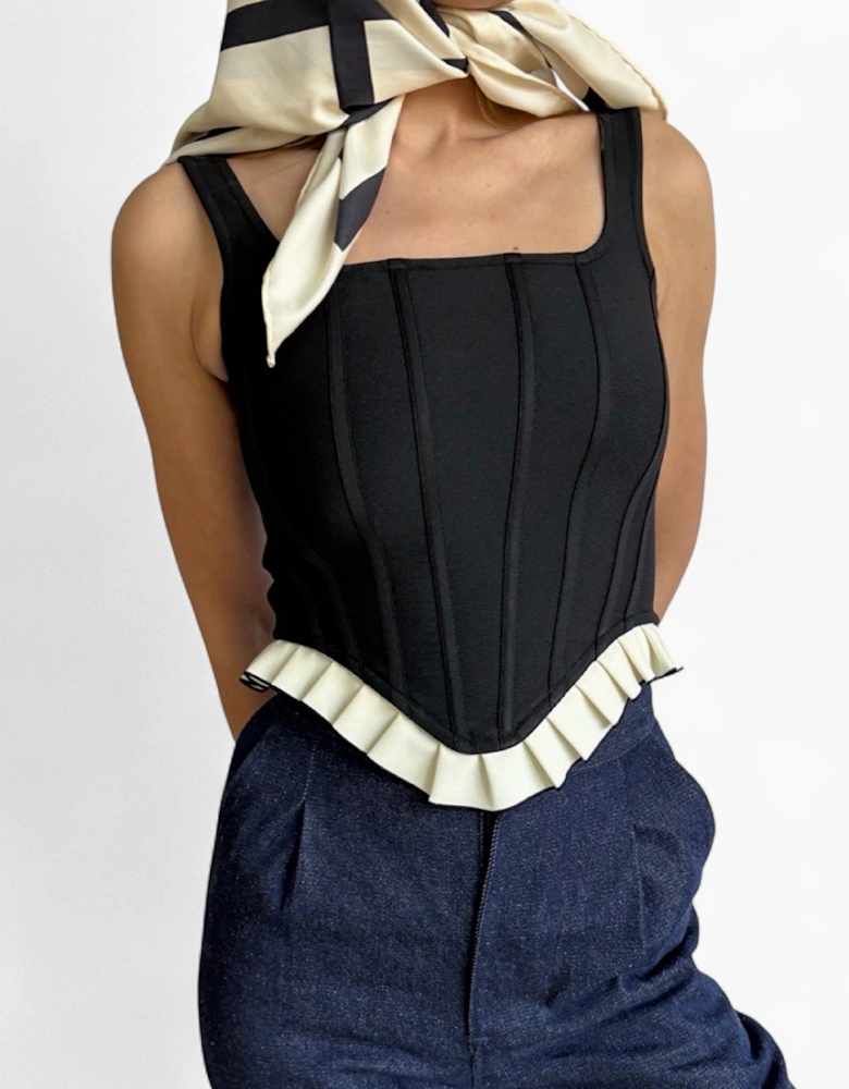 Black Rib Knit Corset Top With Ruffle