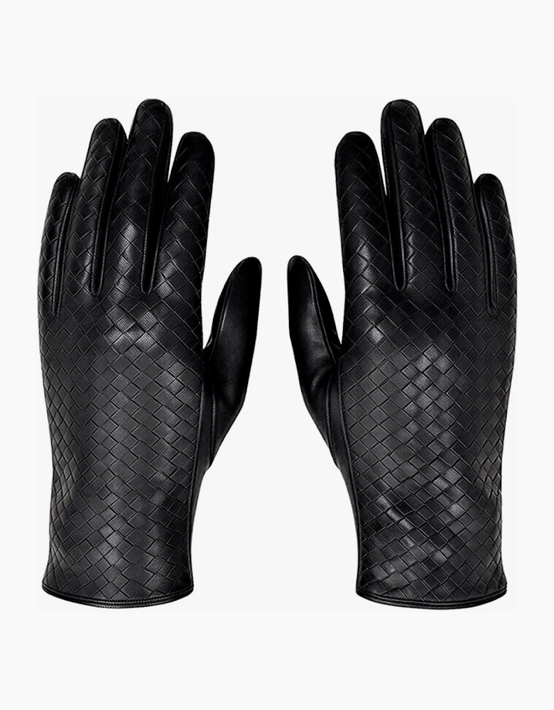 Black Woven Leather Short Gloves