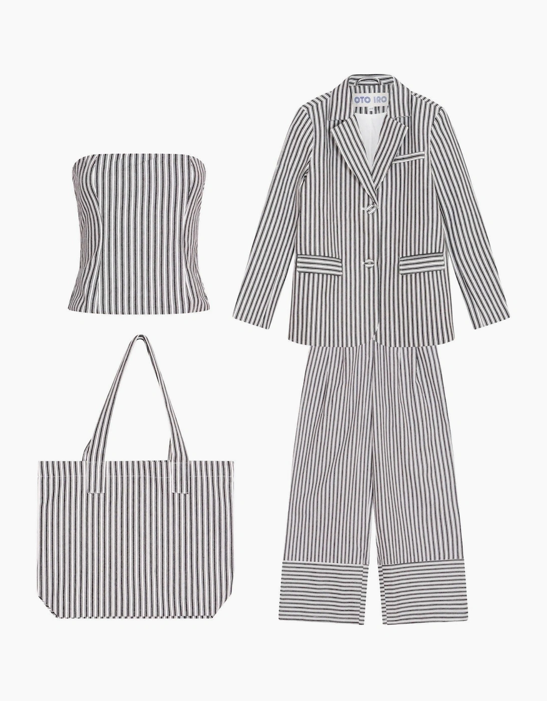 Black White Striped Blazer Trousers Corset And Tote Bag Four Piece Set