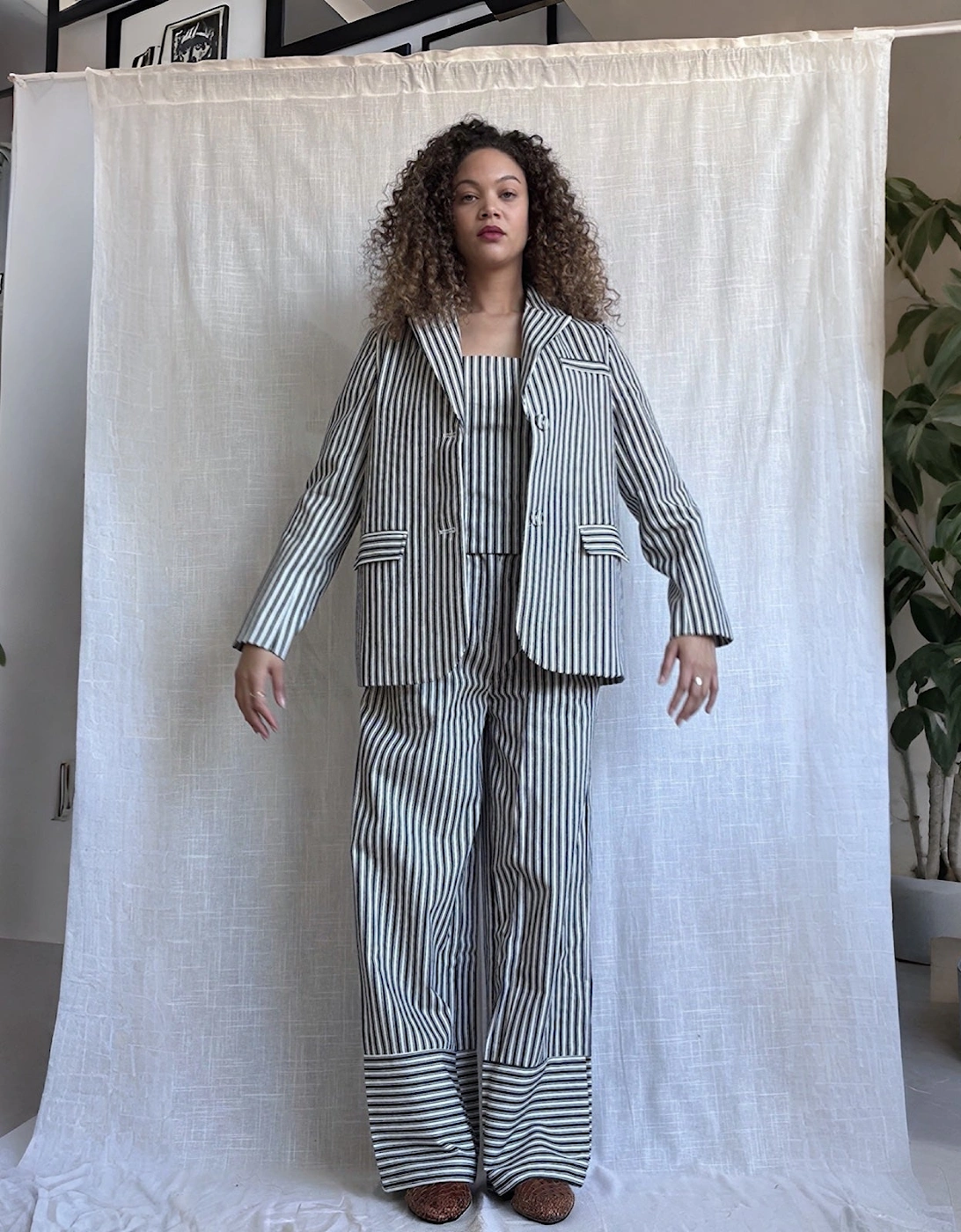 Black White Striped Blazer Trousers Corset And Tote Bag Four Piece Set