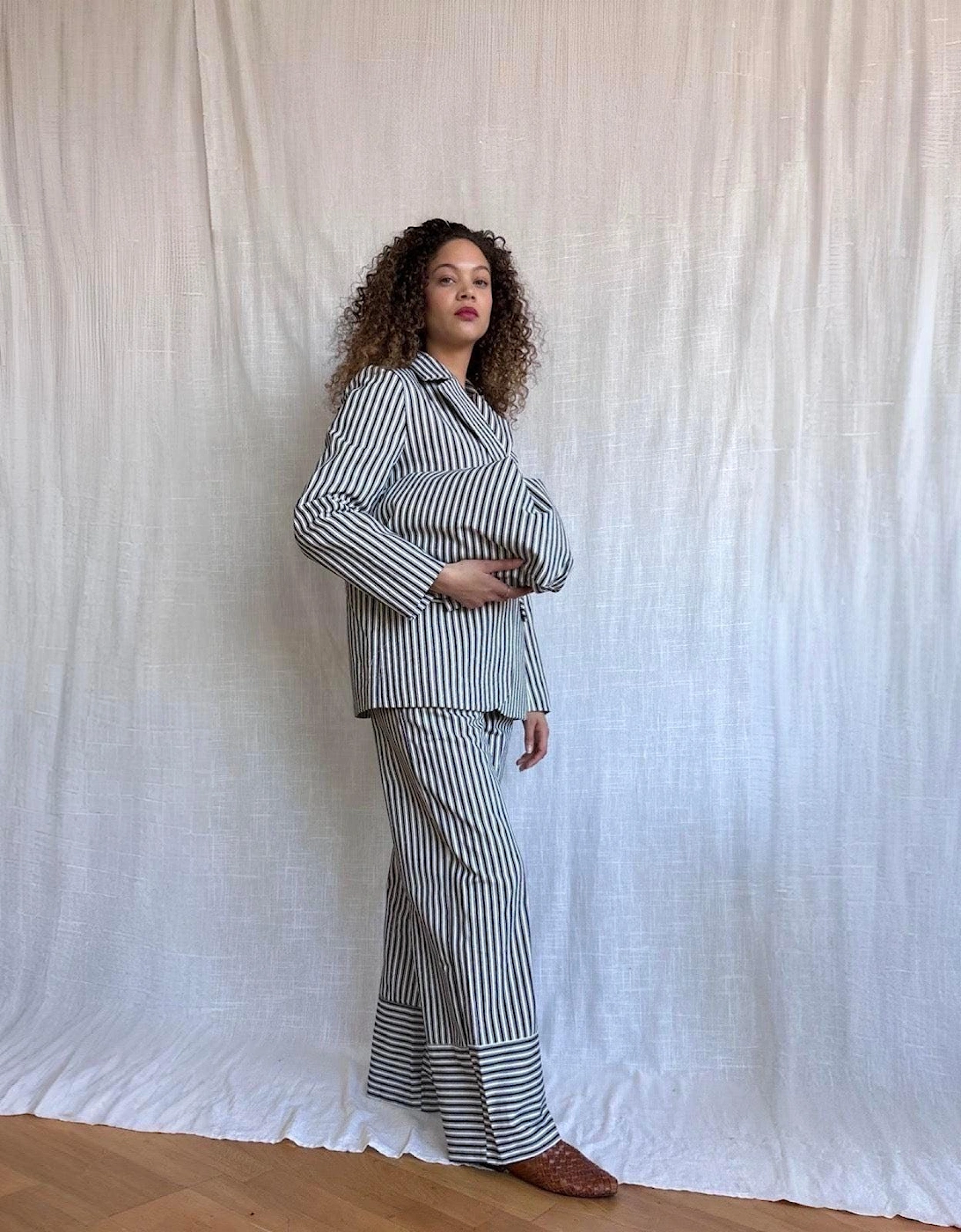 Black White Striped Blazer Trousers Corset And Tote Bag Four Piece Set