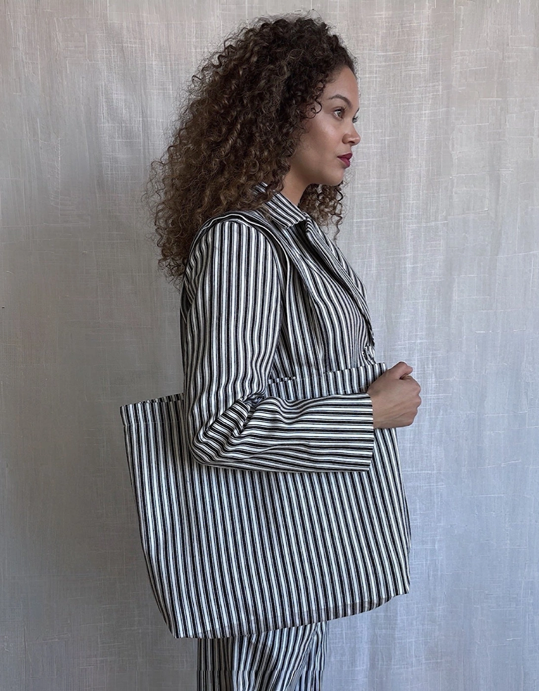 Black White Striped Blazer Trousers Corset And Tote Bag Four Piece Set