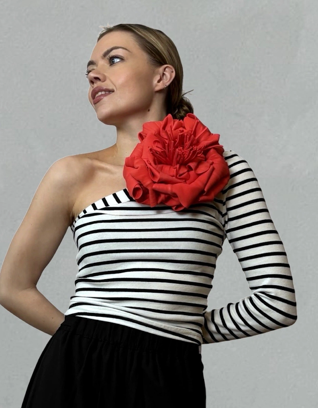 Striped One Sleeve Top With Red Flower Pin