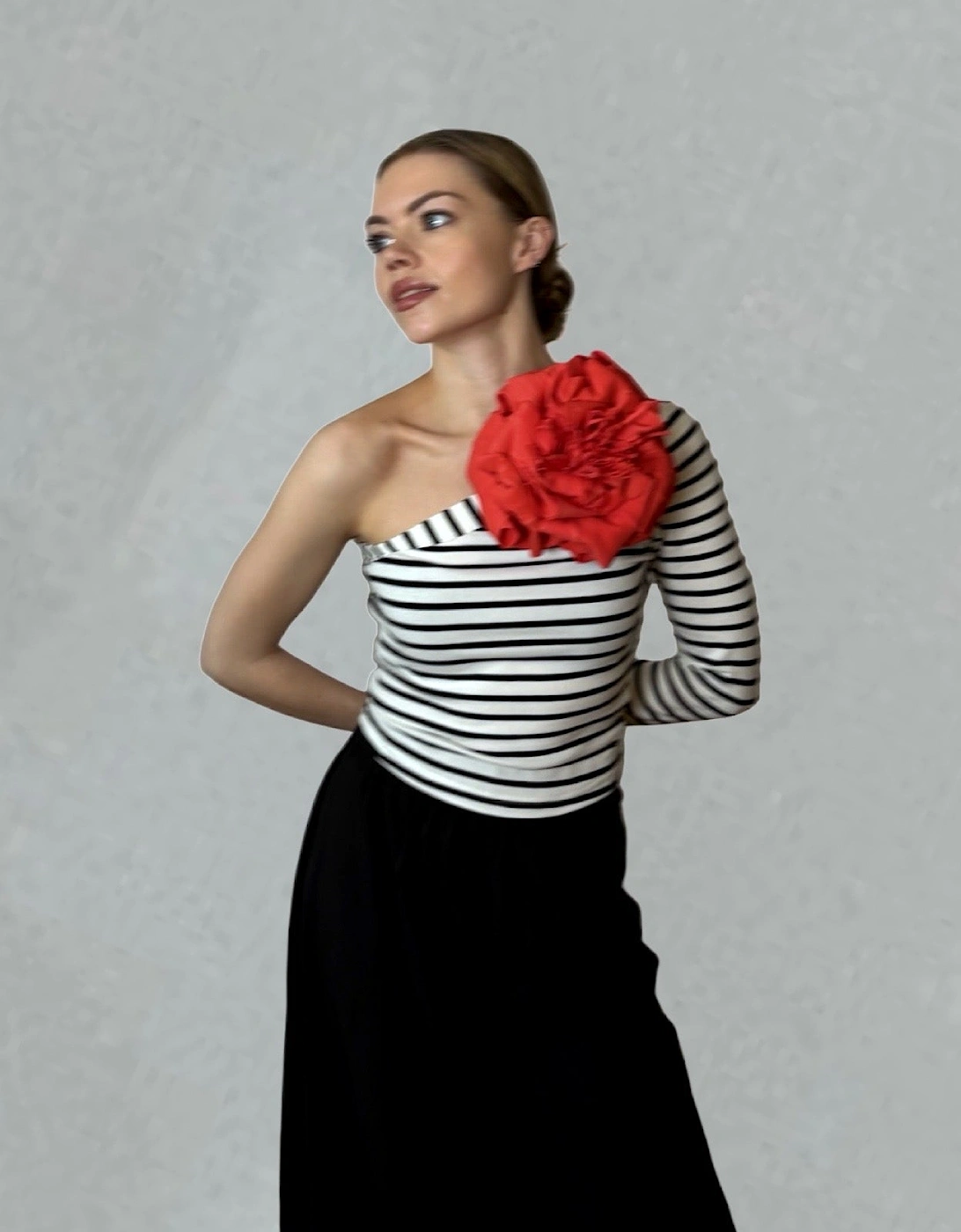 Striped One Sleeve Top With Red Flower Pin