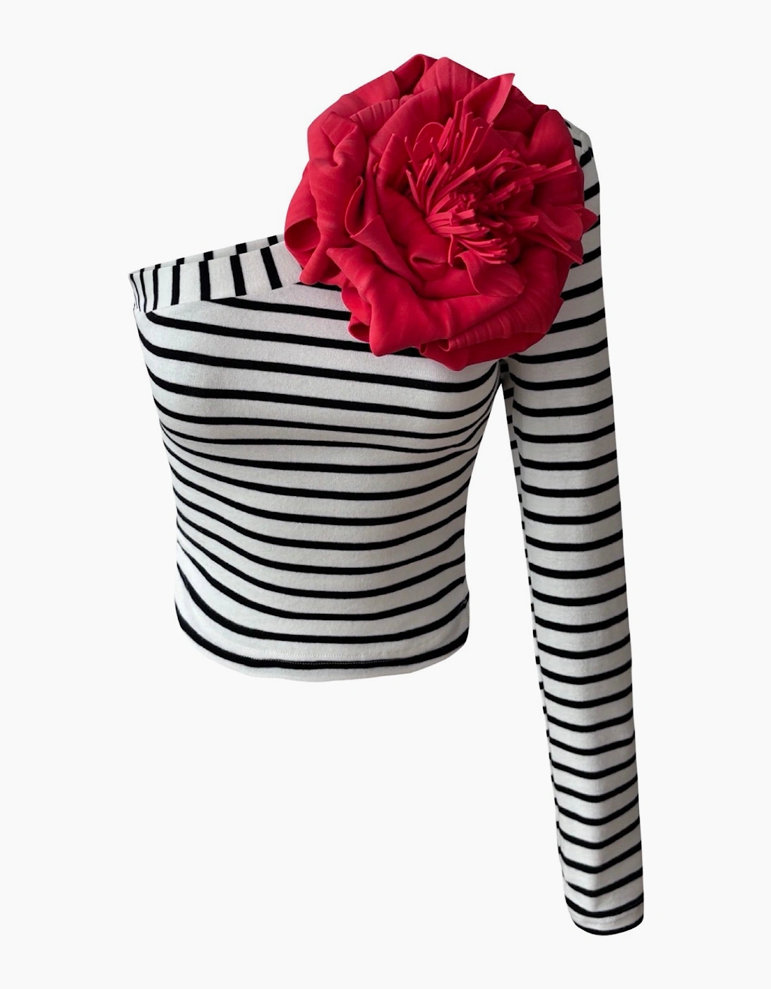 Striped One Sleeve Top With Red Flower Pin