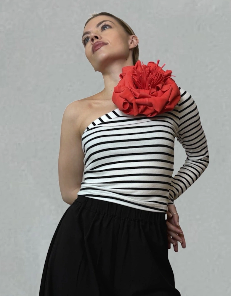 Striped One Sleeve Top With Red Flower Pin