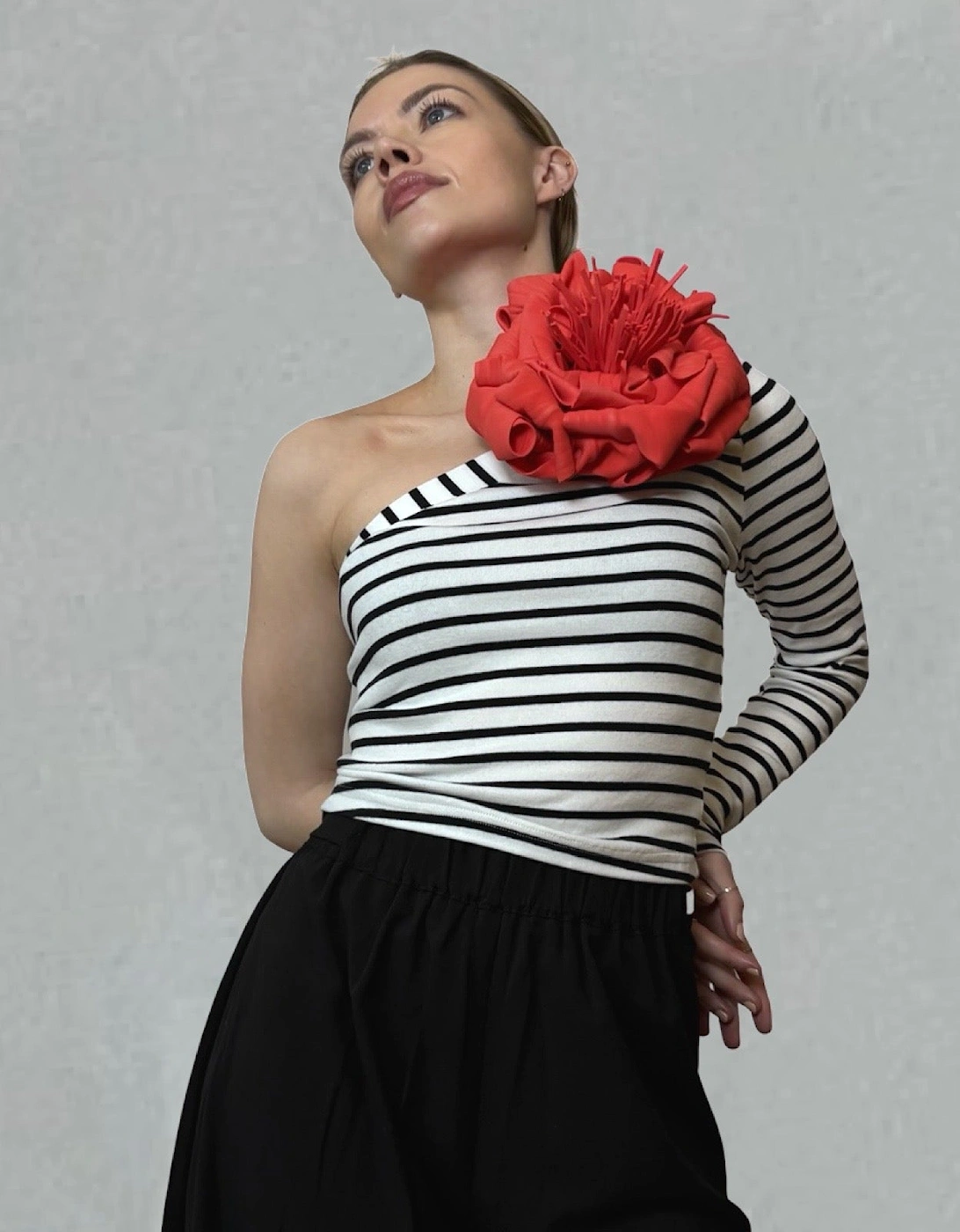 Striped One Sleeve Top With Red Flower Pin