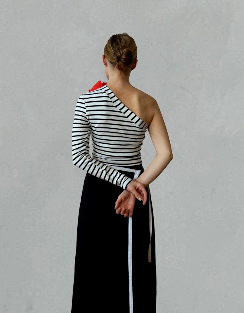 Striped One Sleeve Top With Red Flower Pin