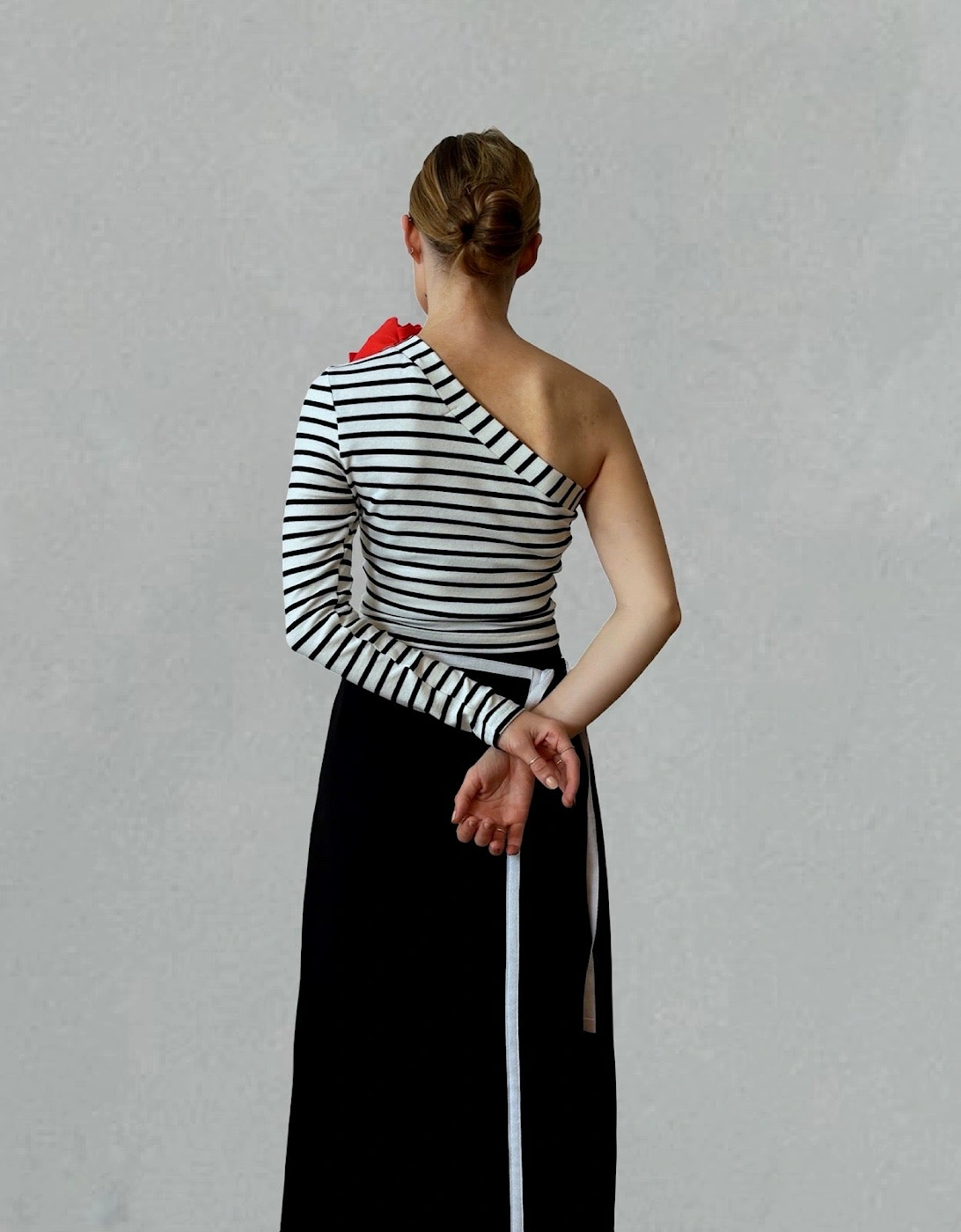 Striped One Sleeve Top With Red Flower Pin