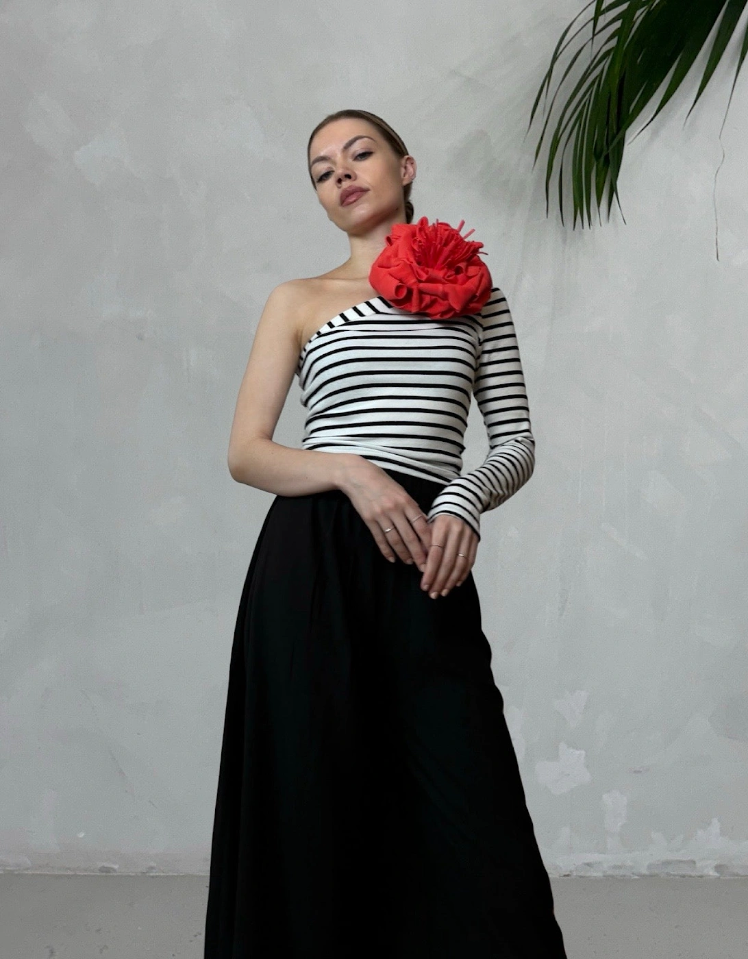 Striped One Sleeve Top With Red Flower Pin