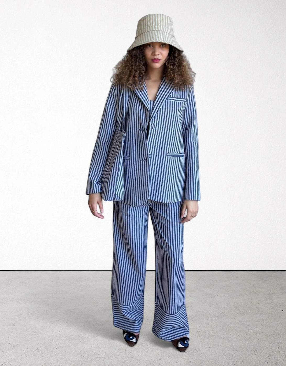 Blue White Striped Wide Leg Trousers