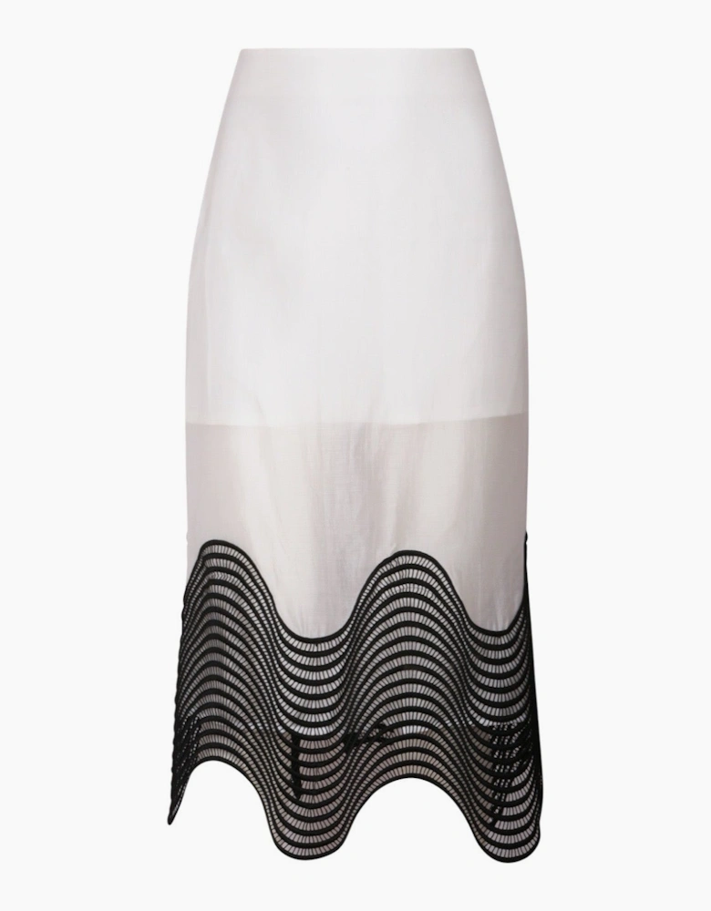 White Sheer Pencil Skirt With Black Embroidery