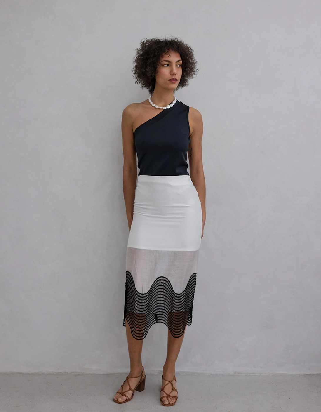 White Sheer Pencil Skirt With Black Embroidery
