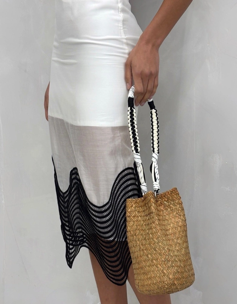 White Sheer Pencil Skirt With Black Embroidery