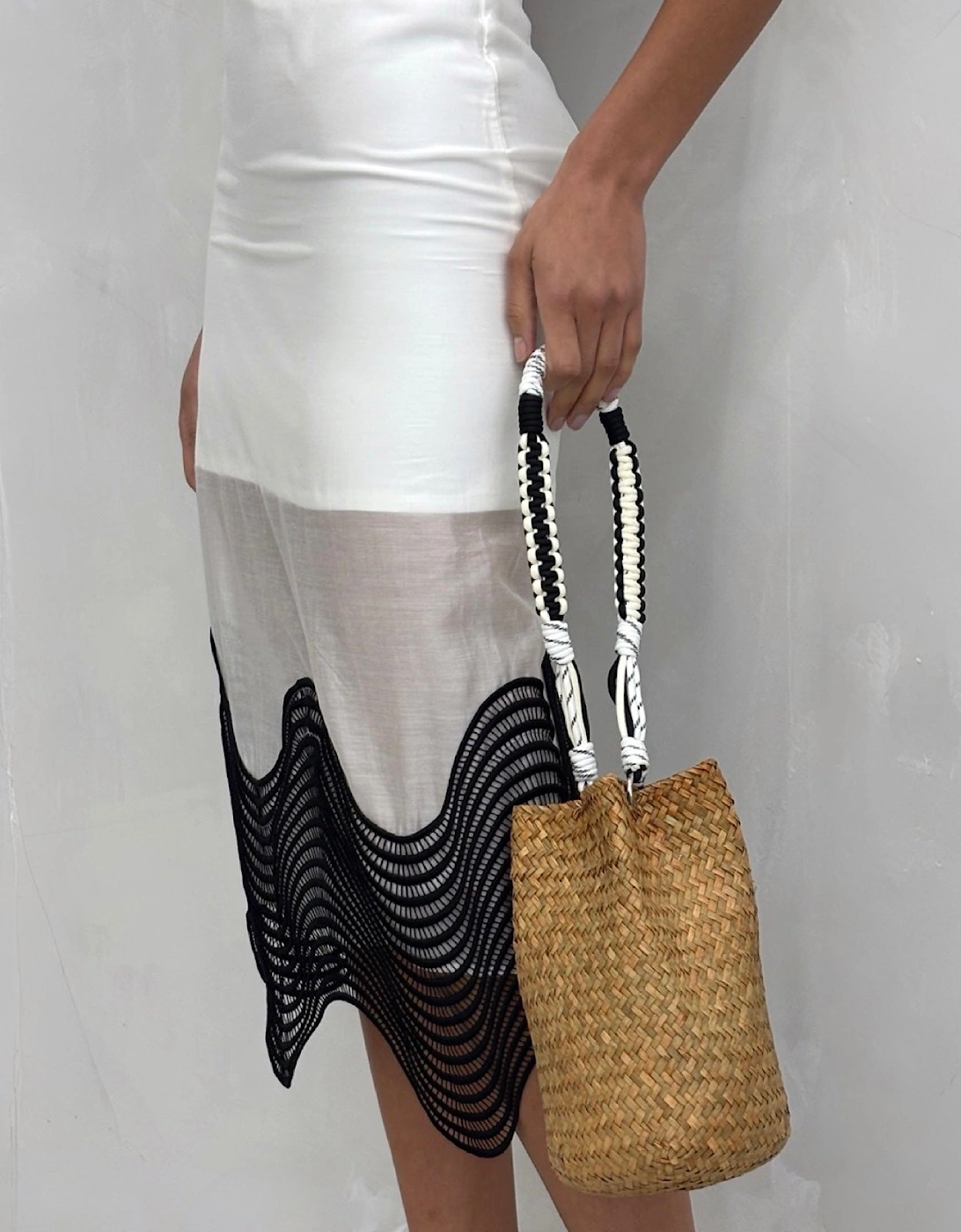 White Sheer Pencil Skirt With Black Embroidery