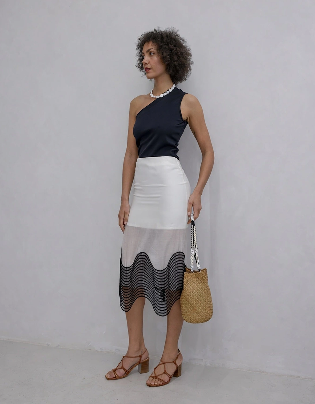 White Sheer Pencil Skirt With Black Embroidery