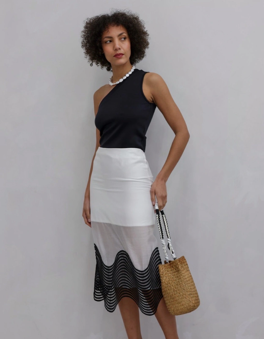 White Sheer Pencil Skirt With Black Embroidery