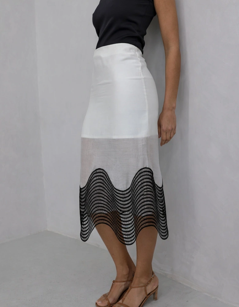 White Sheer Pencil Skirt With Black Embroidery