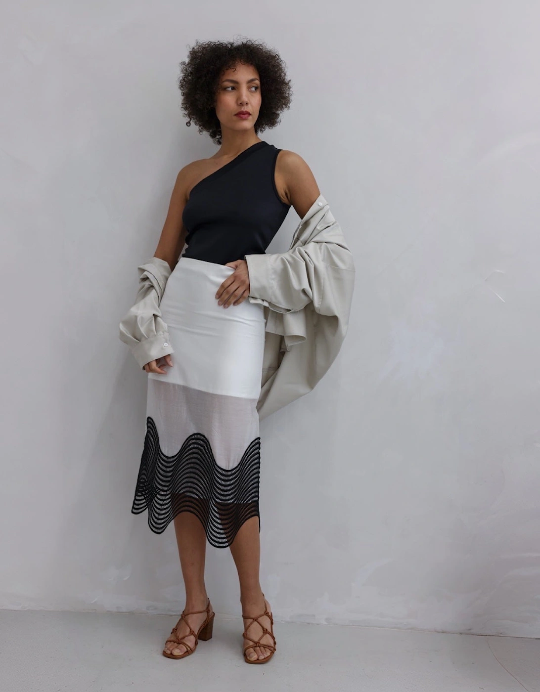 White Sheer Pencil Skirt With Black Embroidery