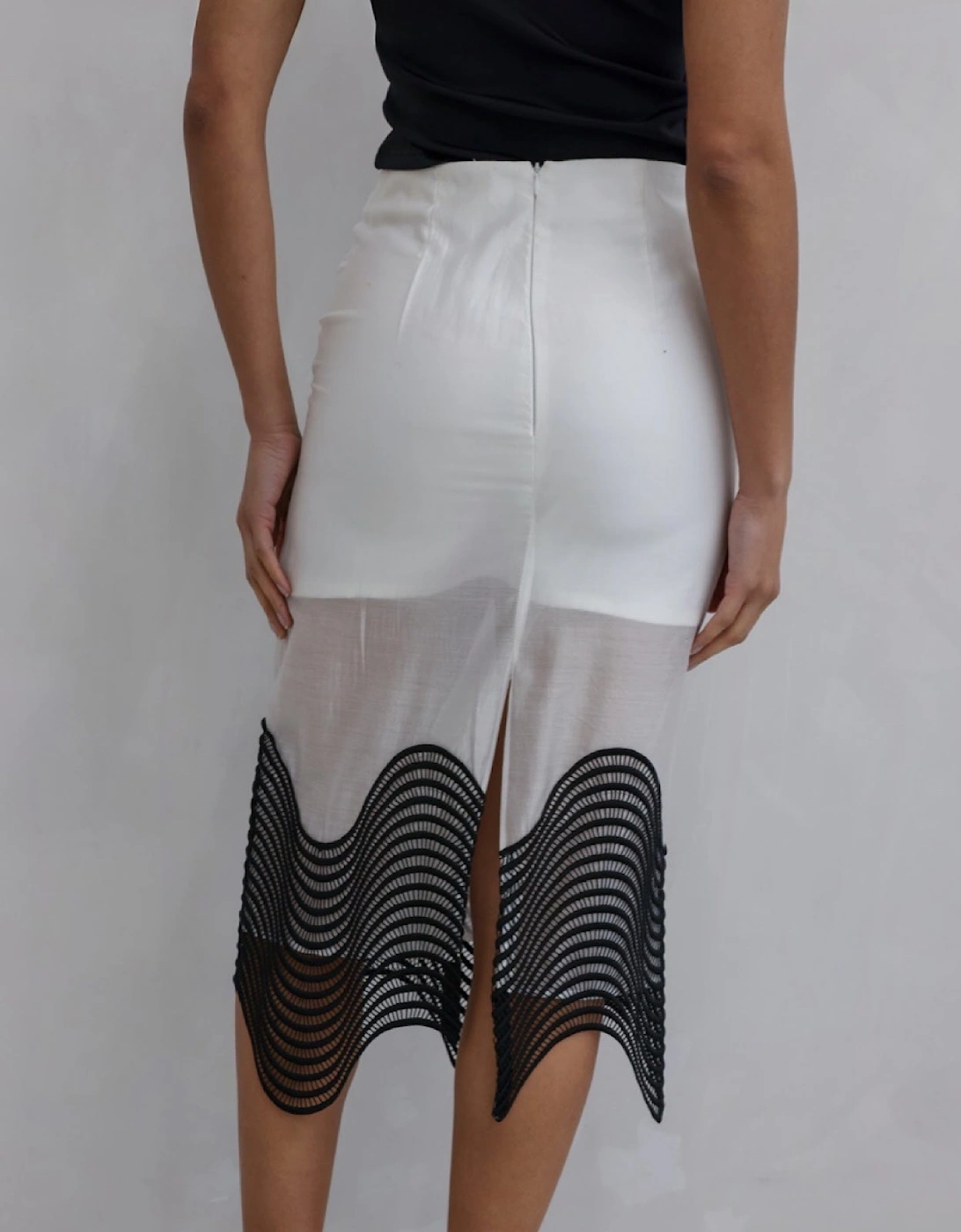 White Sheer Pencil Skirt With Black Embroidery