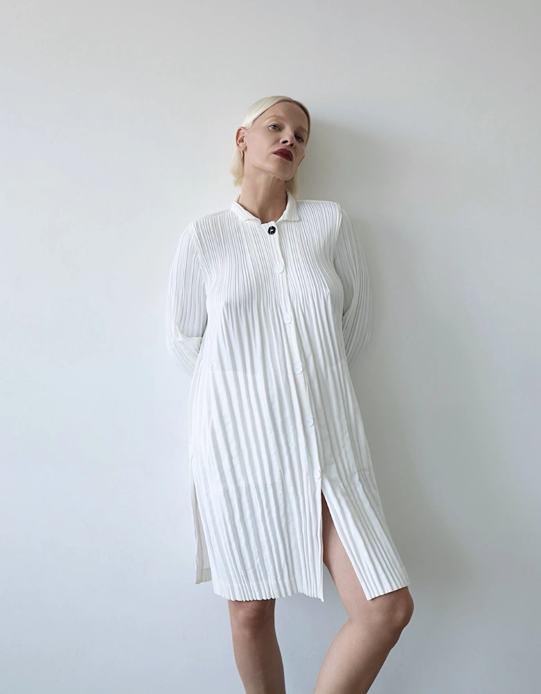 White Accordion Pleated Shirt Dress