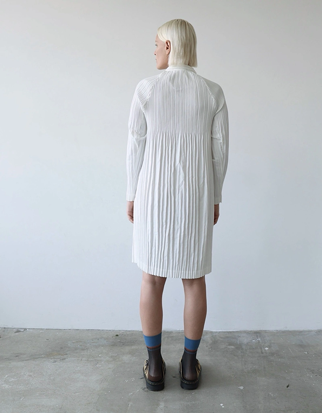 White Accordion Pleated Shirt Dress