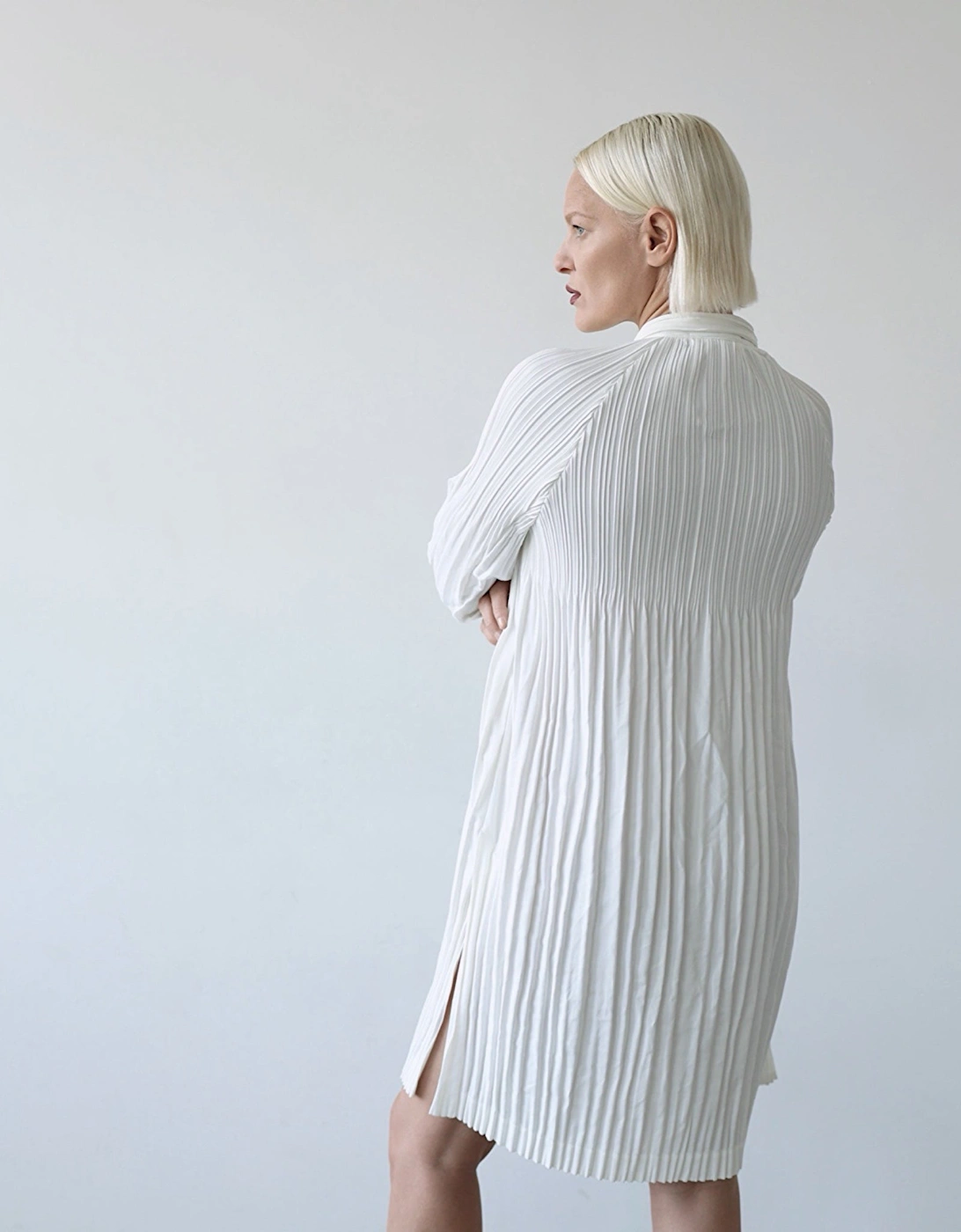 White Accordion Pleated Shirt Dress
