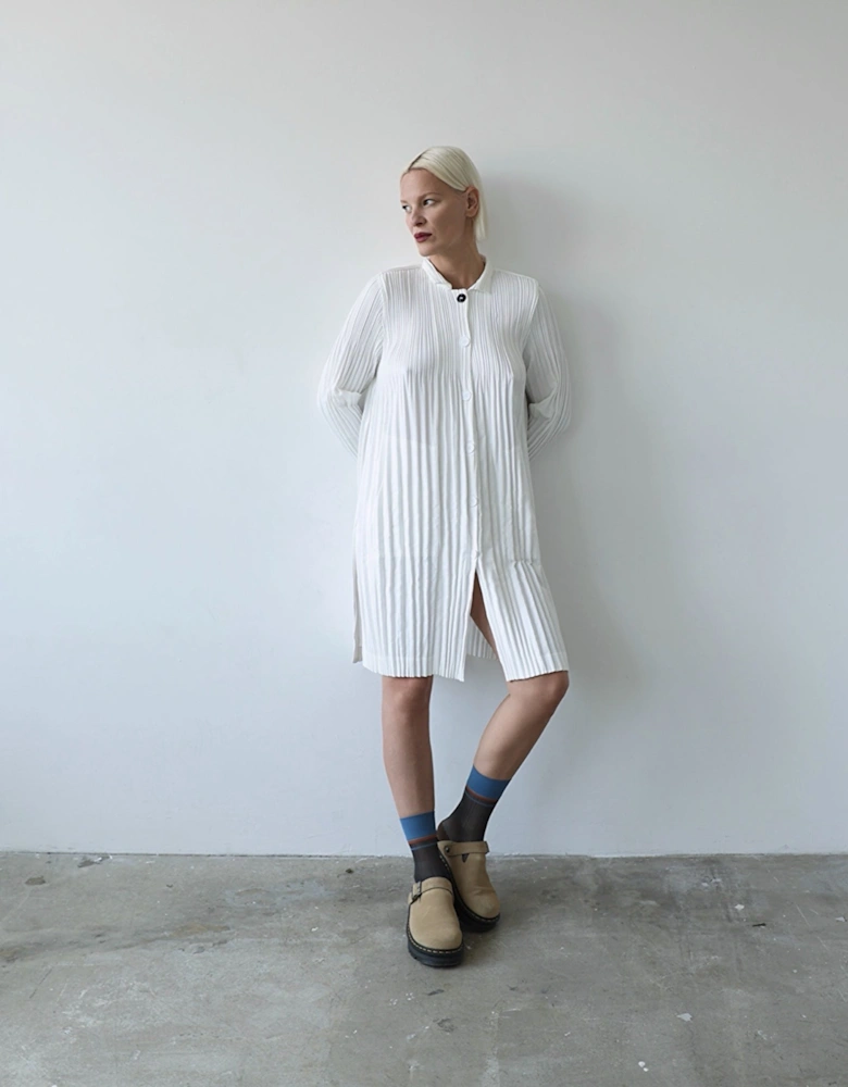 White Accordion Pleated Shirt Dress