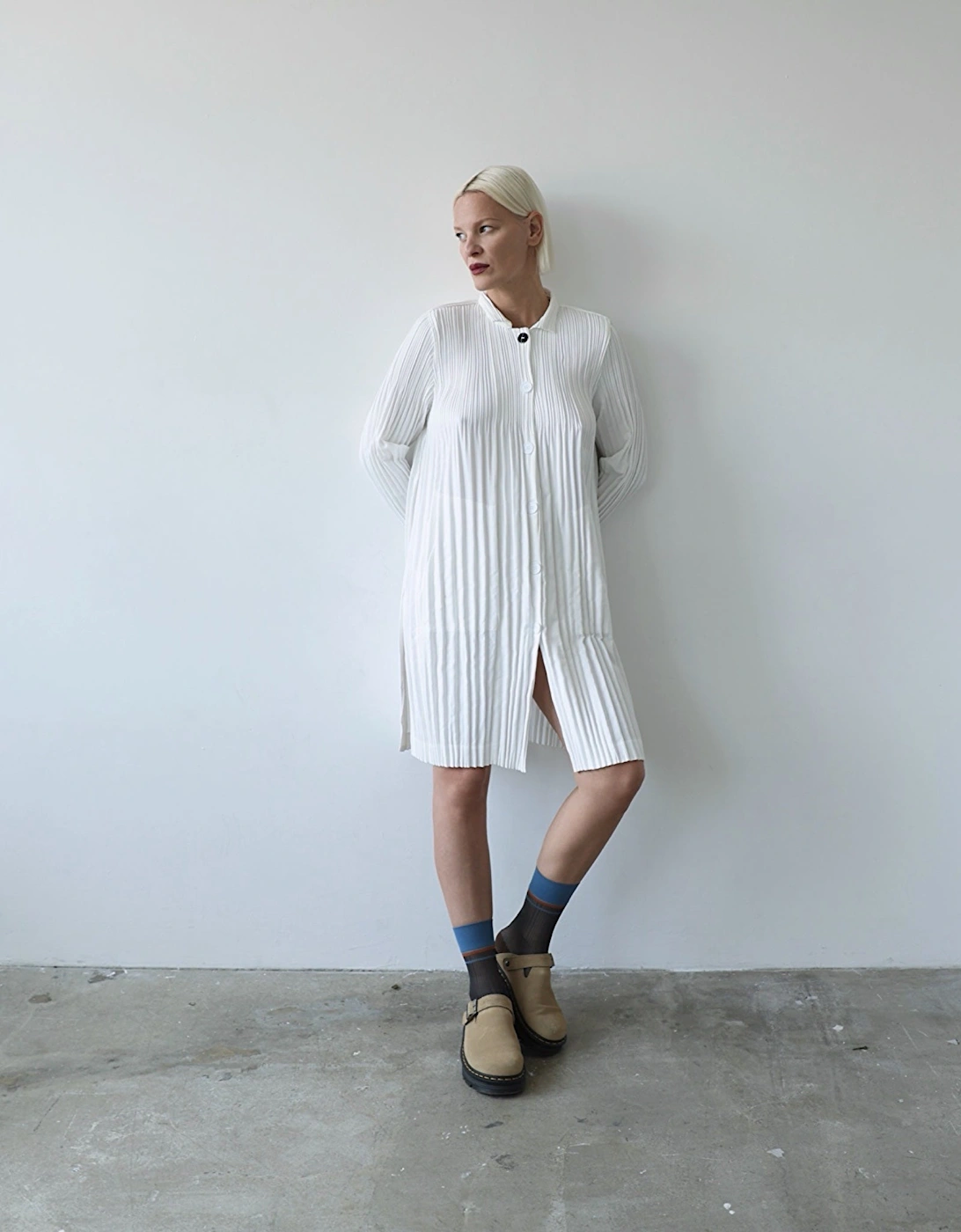 White Accordion Pleated Shirt Dress