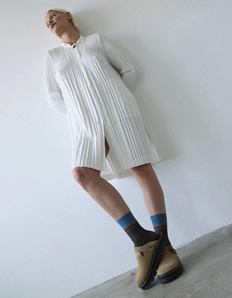 White Accordion Pleated Shirt Dress