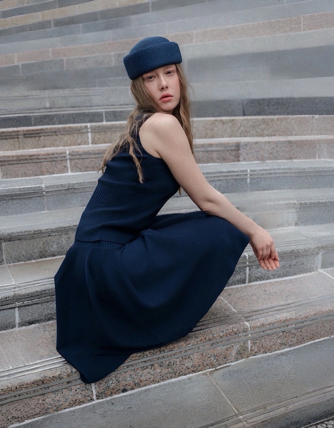 Navy Knitted Top And Skirt Co-Ordinates Set