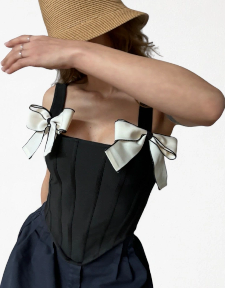 Black Rib Knit Corset Top With Bows
