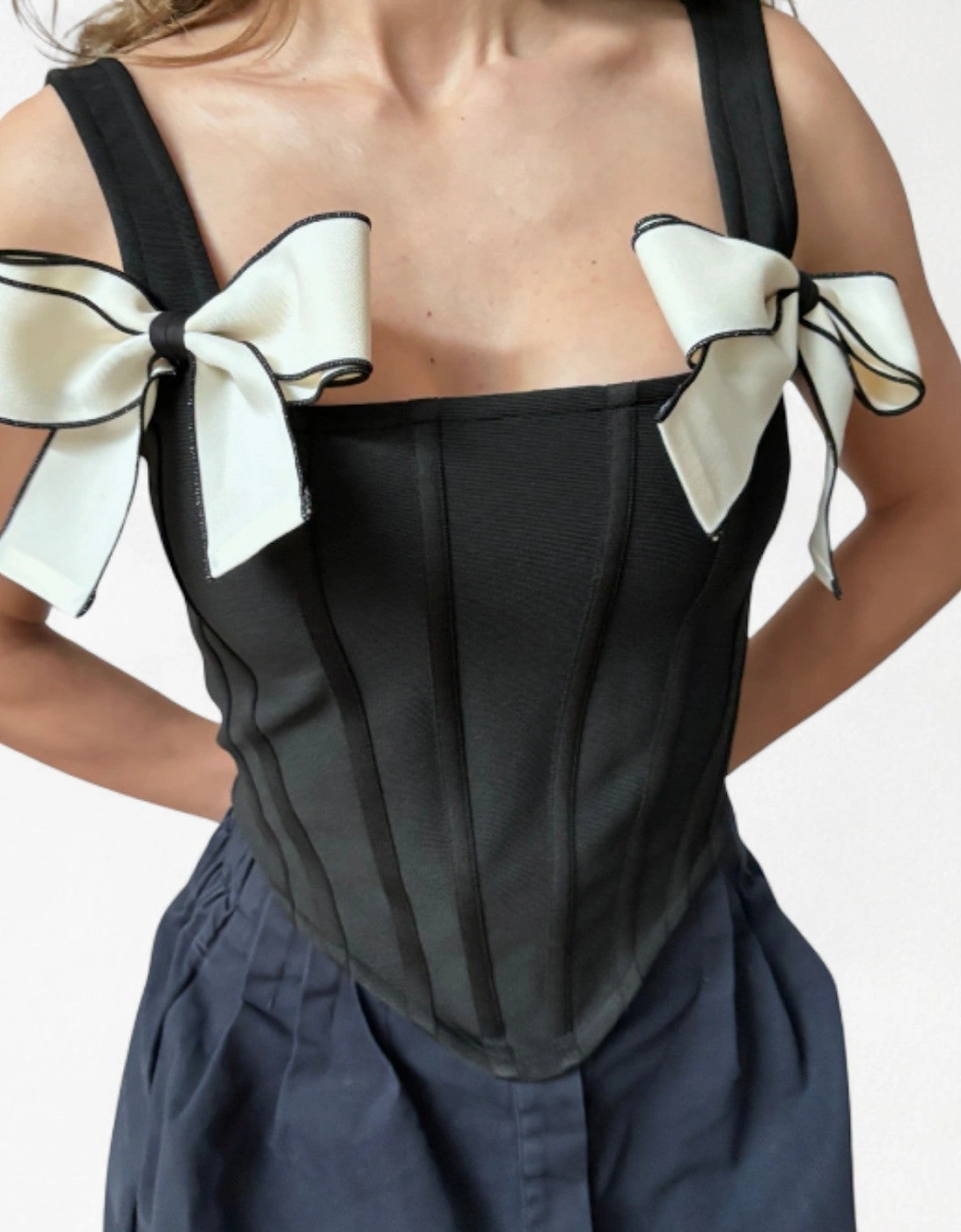Black Rib Knit Corset Top With Bows