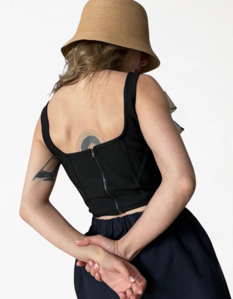 Black Rib Knit Corset Top With Bows