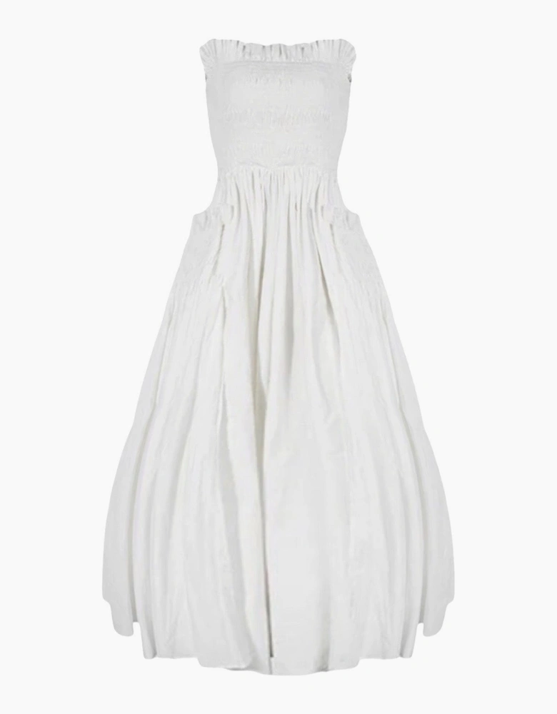 White Cotton Strapless Smocked Maxi Dress