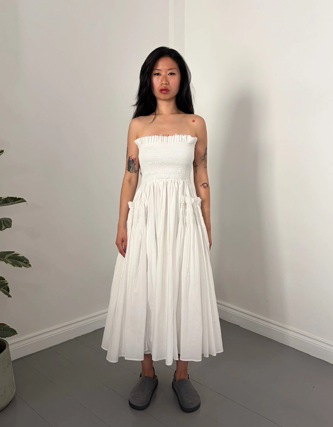 White Cotton Strapless Smocked Maxi Dress