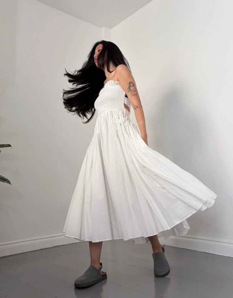White Cotton Strapless Smocked Maxi Dress