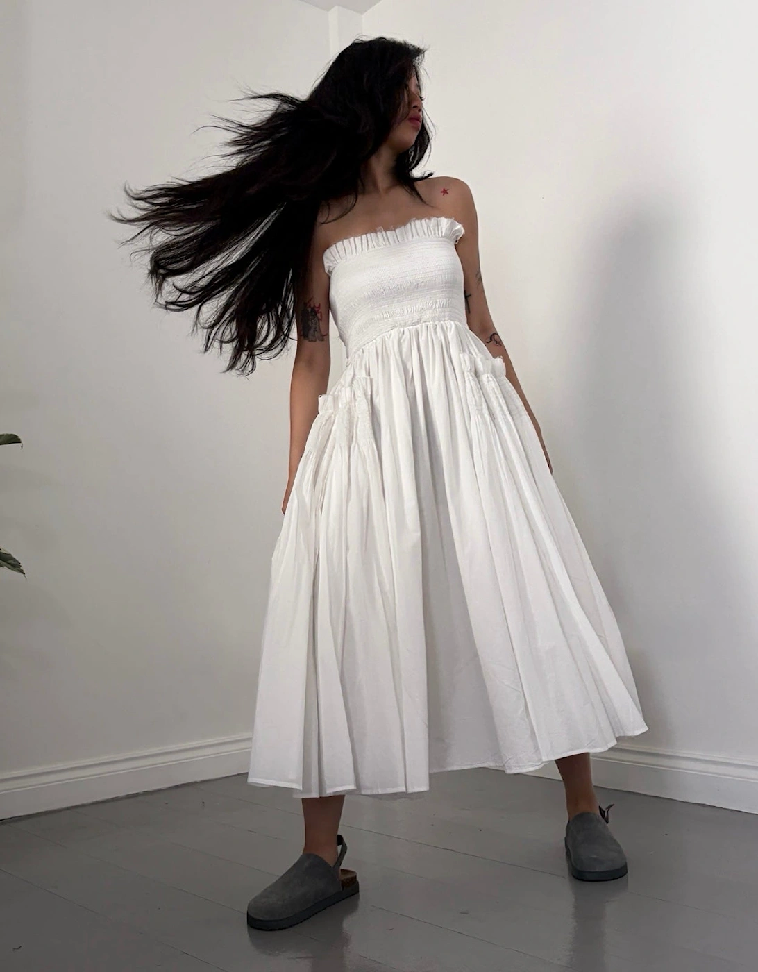 White Cotton Strapless Smocked Maxi Dress